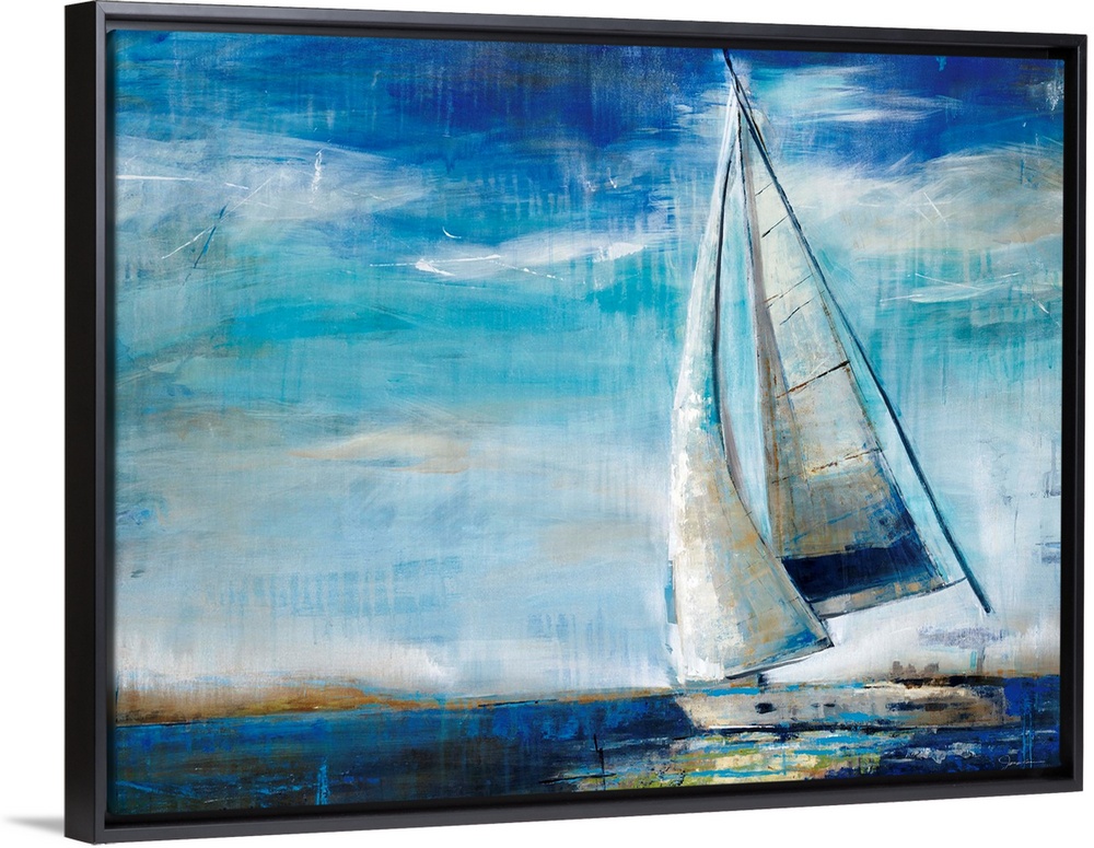 Large, horizontal painting of a sailboat in deep blue waters, against a sky of whipping clouds. Painted with quick, wispy ...