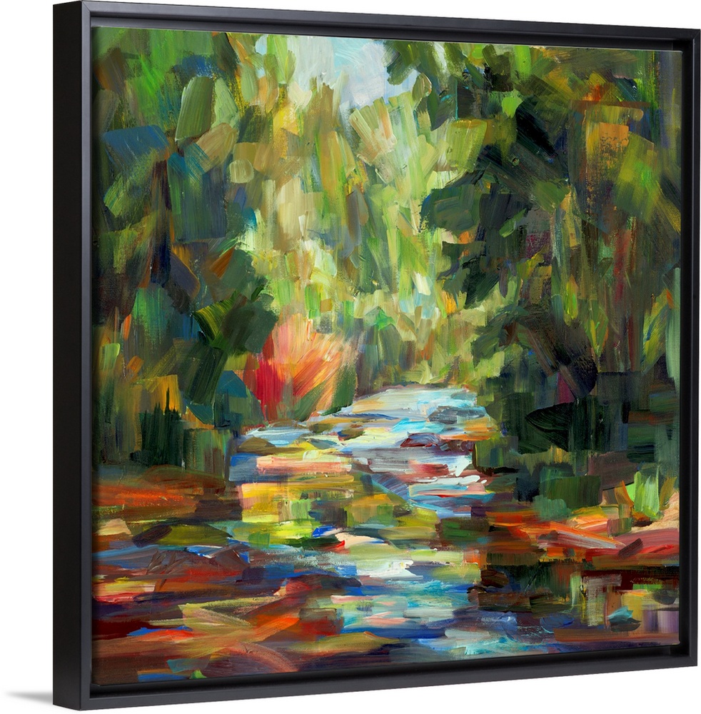 A bold contemporary landscape painting with bold, blocky brushstrokes resembling a river flowing between tall trees