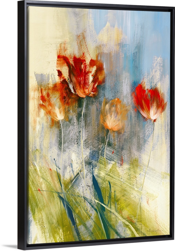 Huge contemporary art shows a group of four flowers.  Artist predominantly uses earth tones and lots of texture for added ...