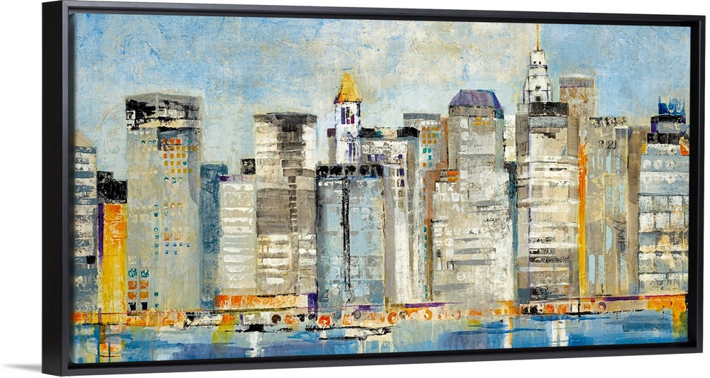 Contemporary abstract painting of a cityscape with buildings and boats reflected on the waterfront.