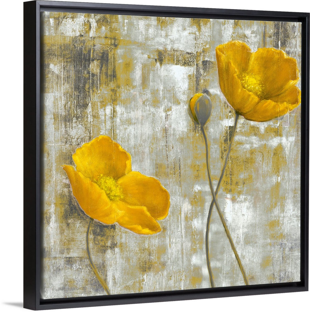 Contemporary artwork of two yellow flowers and a third budding flower. The background is abstract with colors that complim...