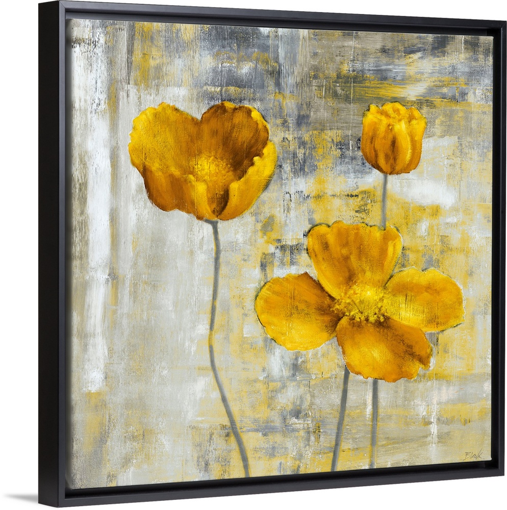 Square, large wall art docor of three yellow flowers with stems on a sponge like textured, grey and yellow background.