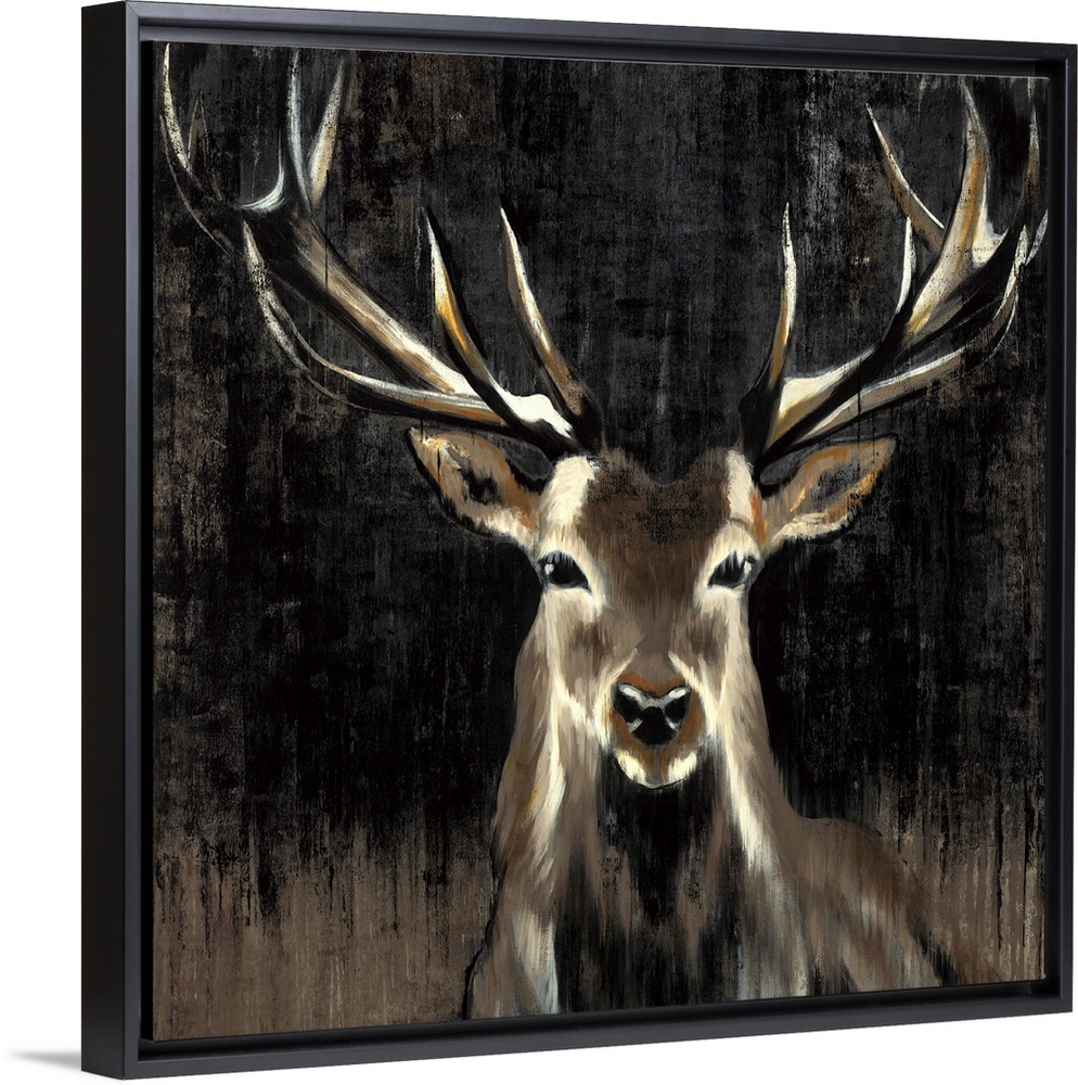 Contemporary painting of a stag against a dark background.