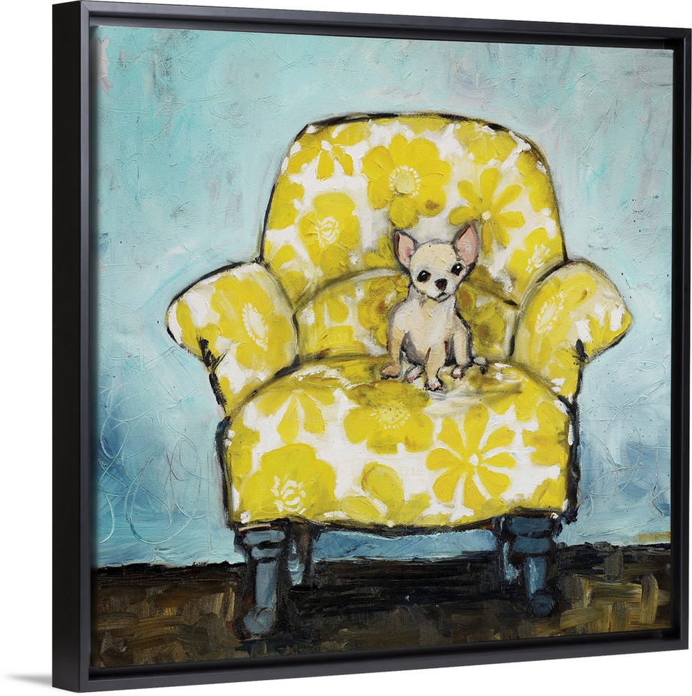 A whimsical composition of a small cream-colored dog sitting up in a large armchair covered in a bold, yellow floral print...