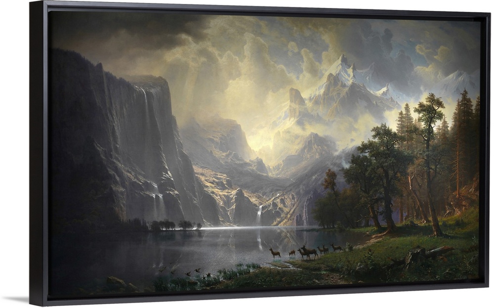 Romantic rural scene with mountains and dramatic sky.