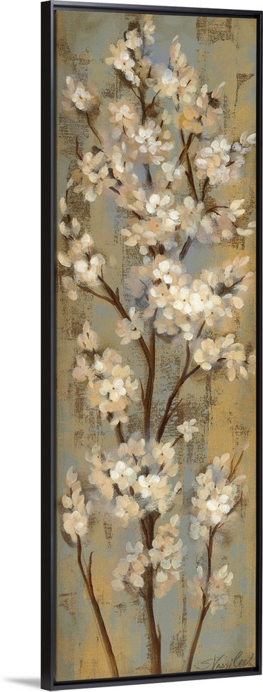 Vertical panoramic painting of long vertical branches covered in small flowers.