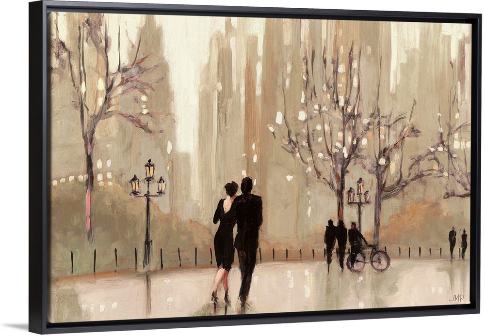 A couple walking in a loving embrace through an urban park.