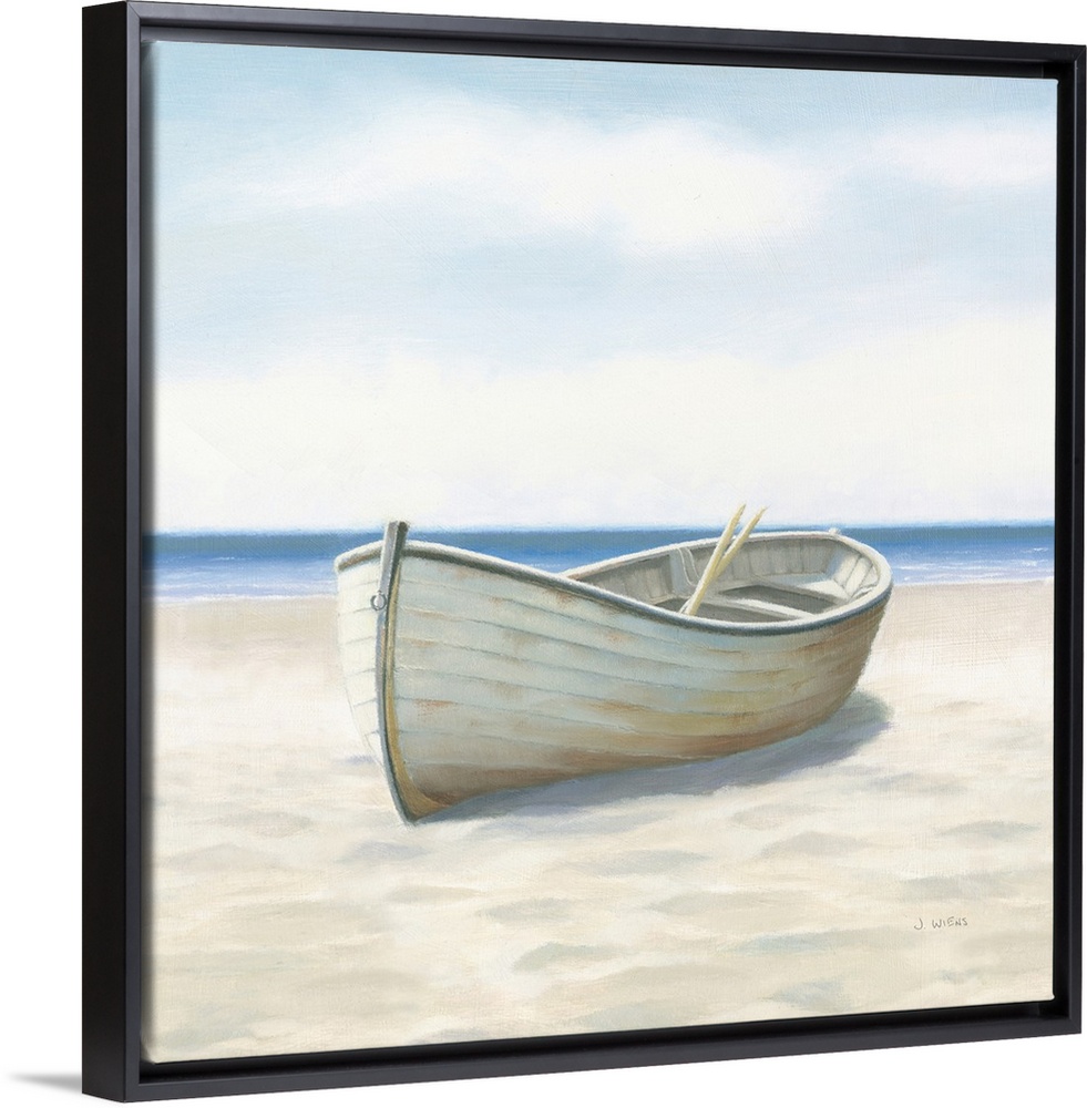 Contemporary painting of a white boat with oars inside, on the sandy beach with the ocean in the background.