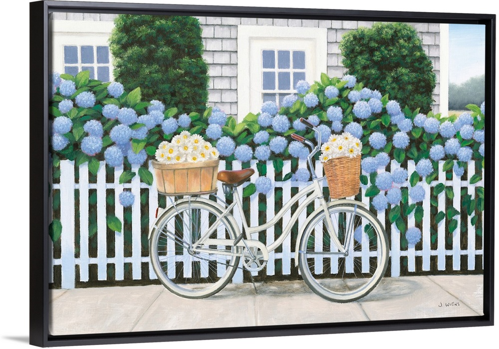 Contemporary painting of a white bicycle with two baskets of daises leaning up on a white picket fence with blue hydrangea...