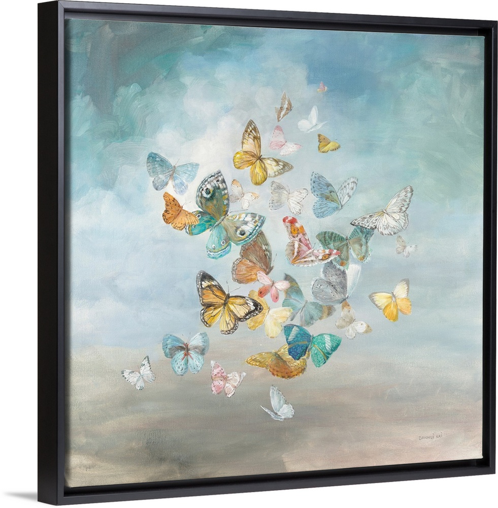 A decorative square painting of a group of colorful butterflies.