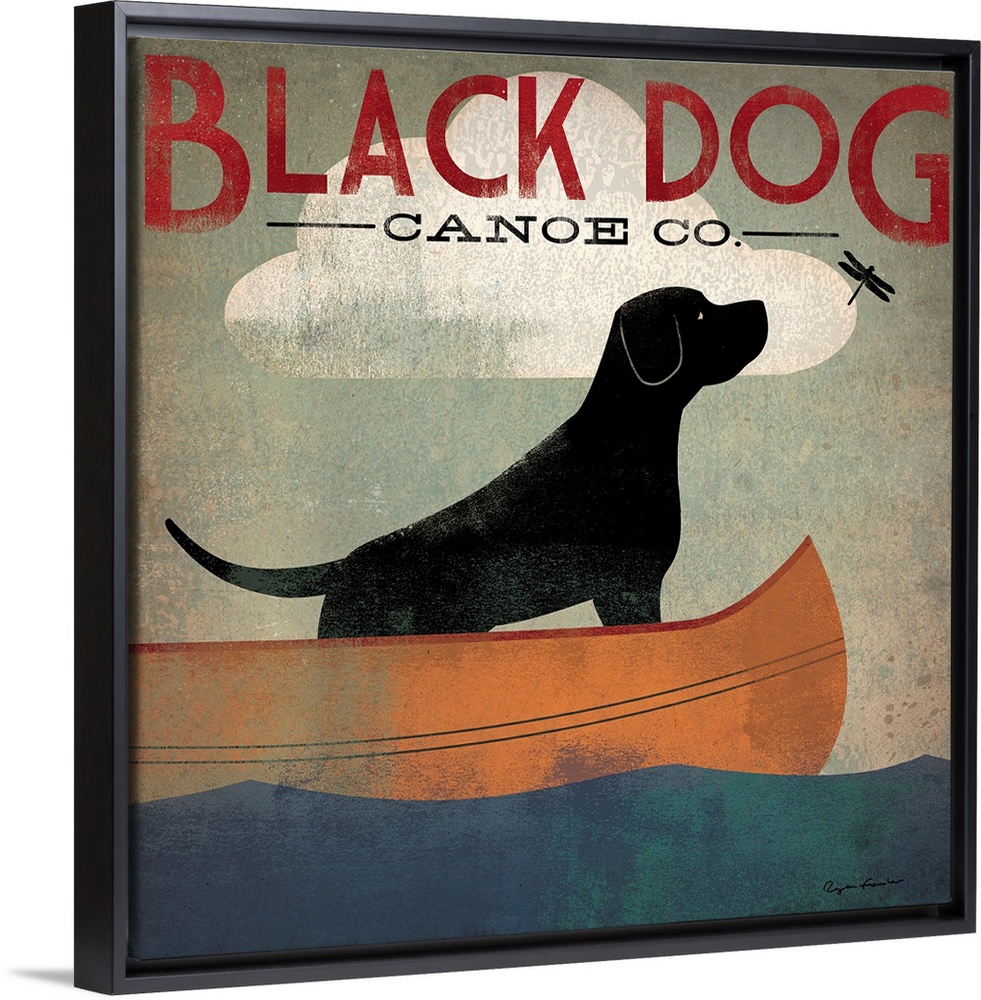 Contemporary artwork of a stylized black dog sitting in a canoe looking at a dragon fly with an overall grungy looking tex...