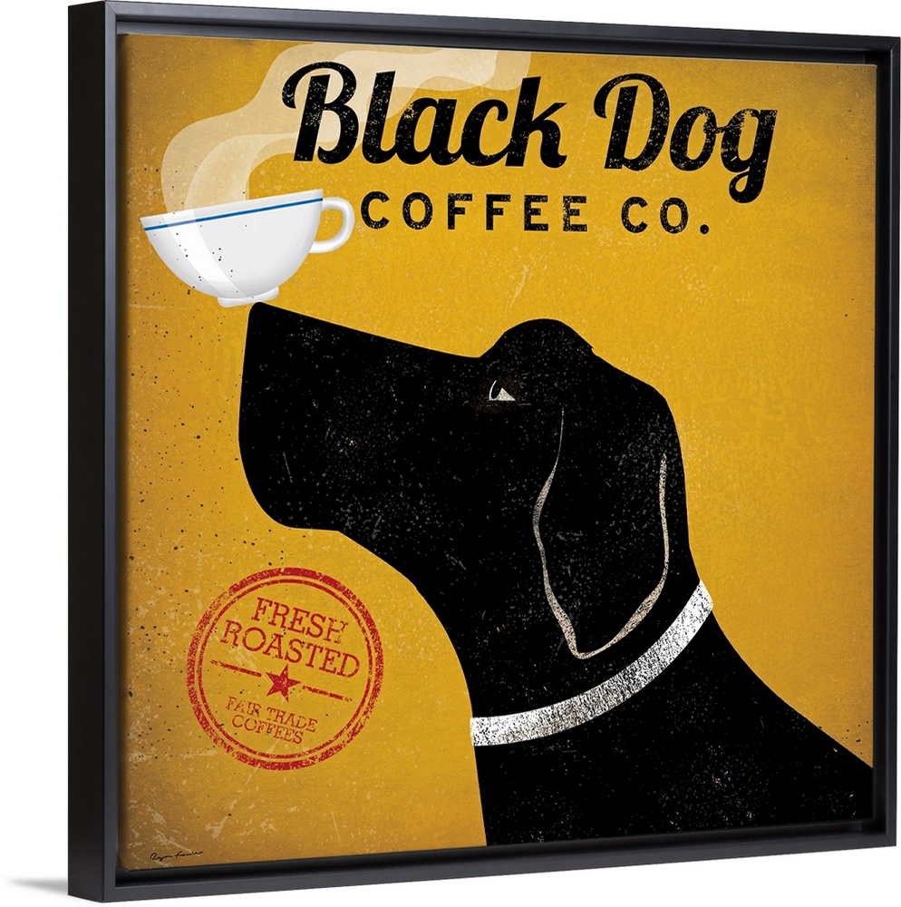 Whimsical artwork of a dog balancing a cup of coffee on it's nose.  The cup of coffee is steaming.