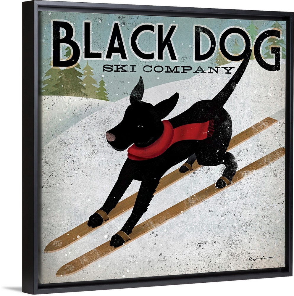 Giant square canvas art displays an advertisement for Black Dog Ski Company.  In the ad, a dog wearing a scarf skis down a...