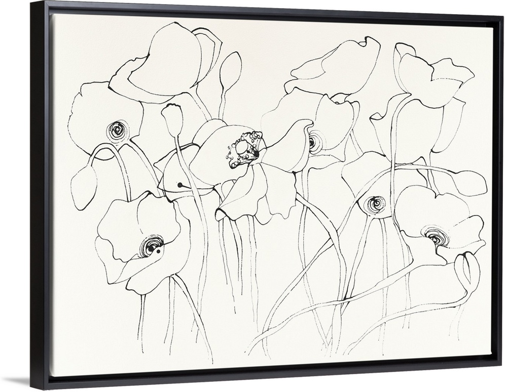 Contemporary illustrative artwork of outlined flowers against a cream toned background.