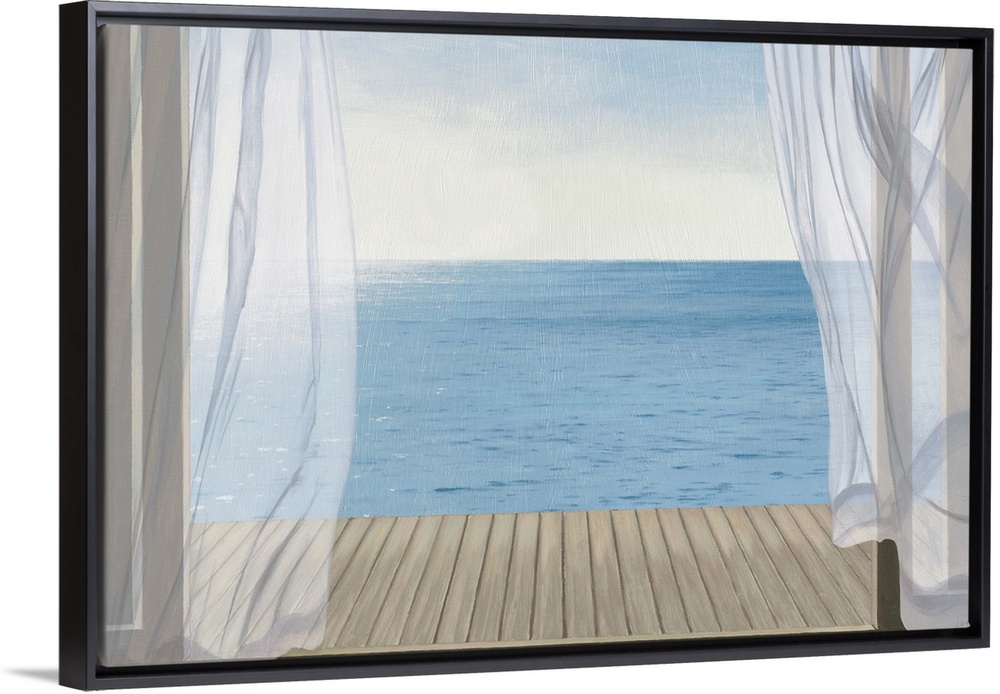 Coastal artwork looking out over a calm sea from an open door.