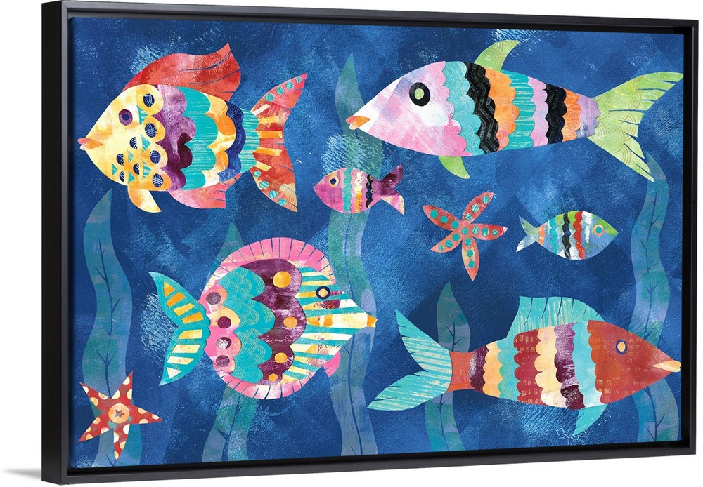 A collage of colorful fish and starfish with seaweed in the background made from mixed media.