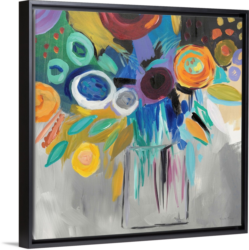 Square abstract painting of a bold floral arrangement on a grey background.
