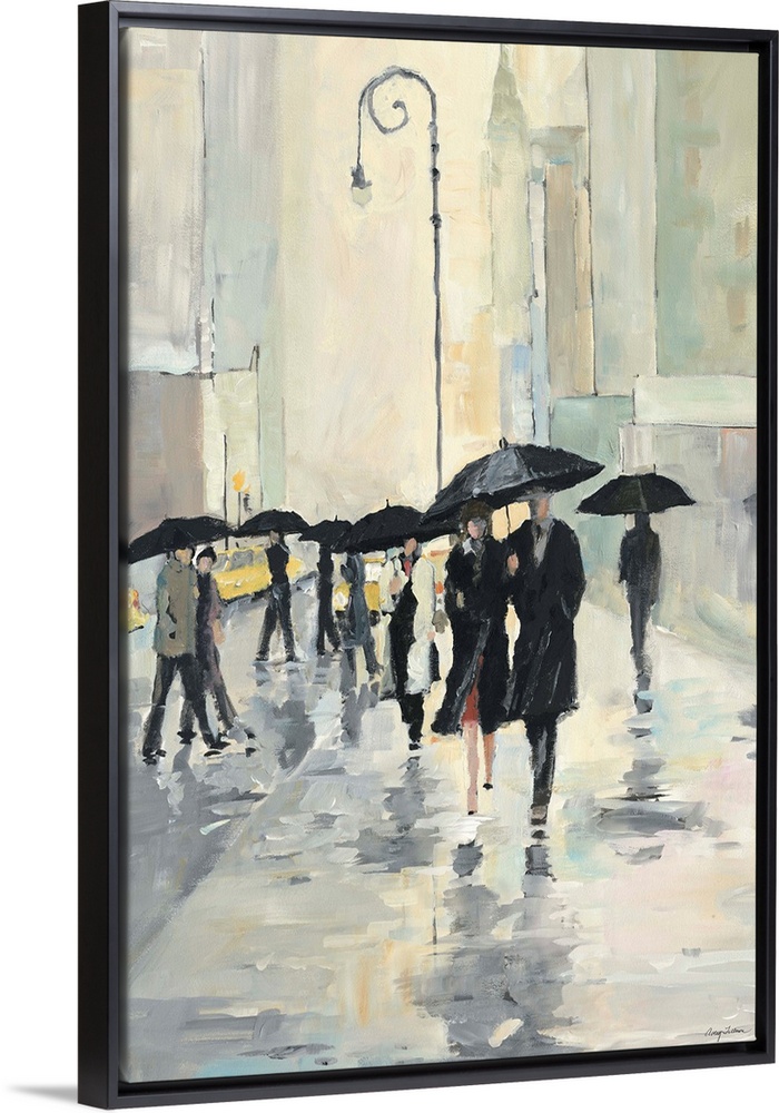 Contemporary painting of people walking in the street downtown in the rain with umbrellas. Their reflections are seen in t...