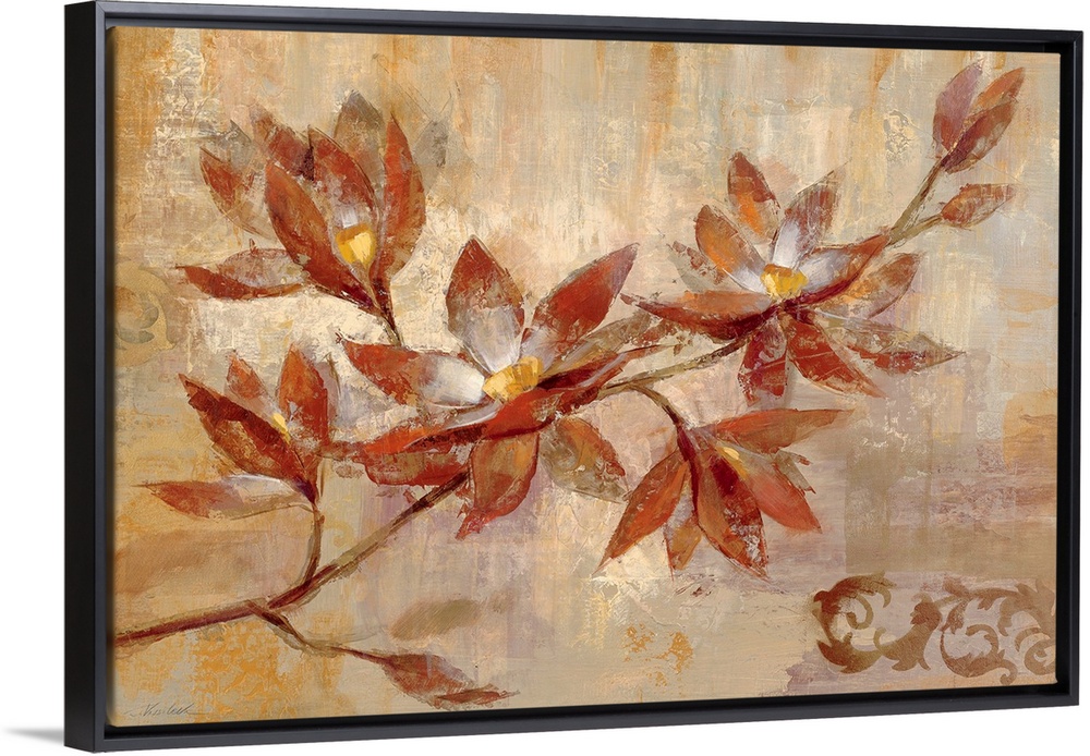 This horizontal home docor shows a tree branch with multiple blooms against a neutral, textural background with small deco...