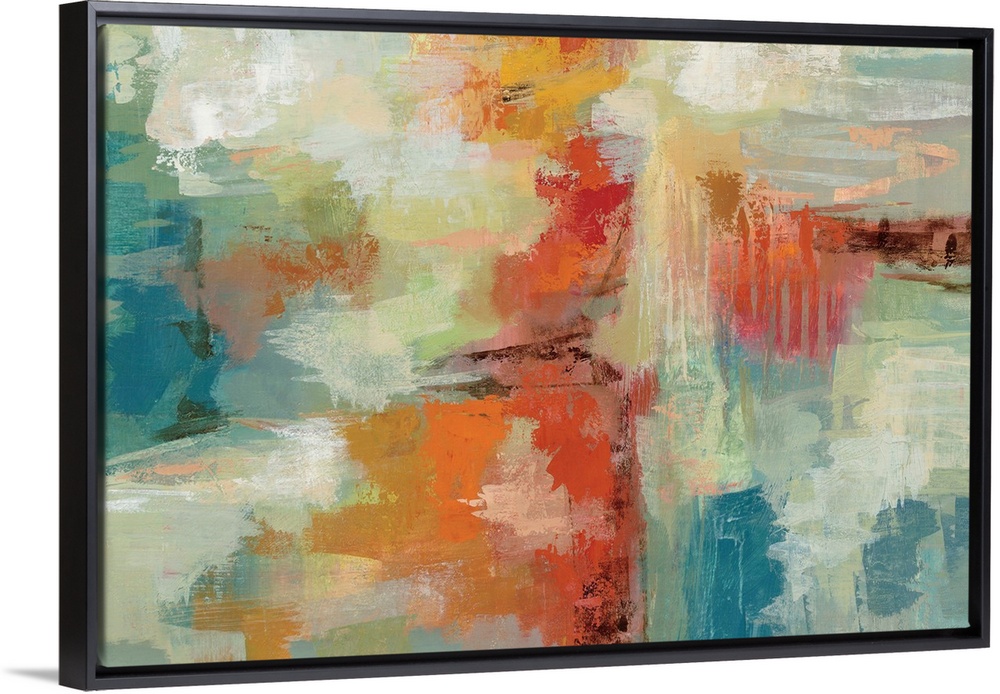 Contemporary abstract artwork in bright oranges and blues.