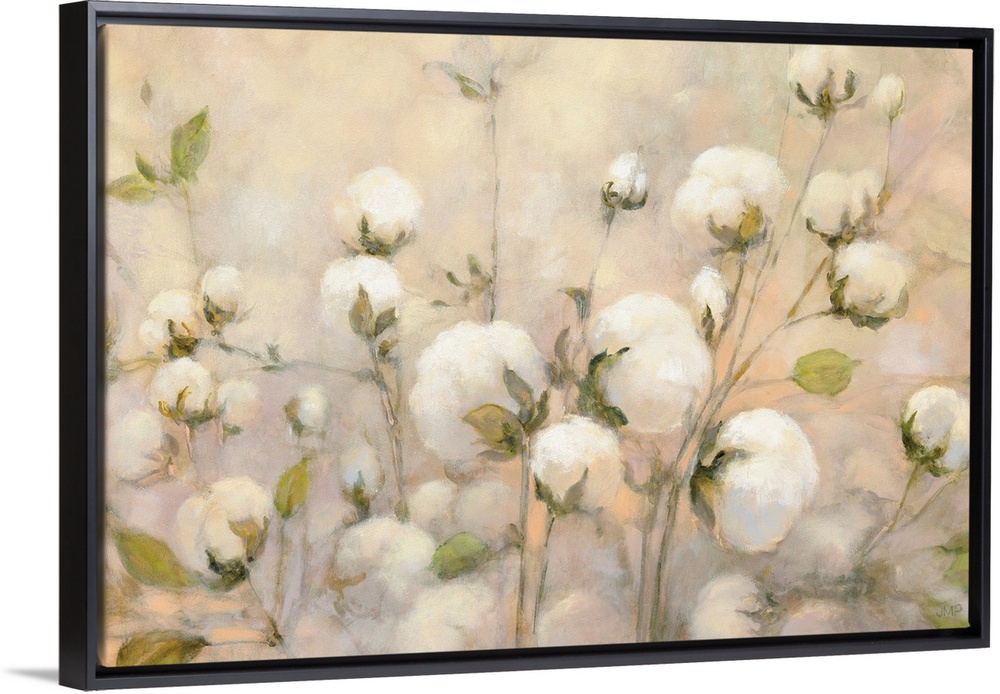 Large contemporary painting of wild cotton with a warm background.