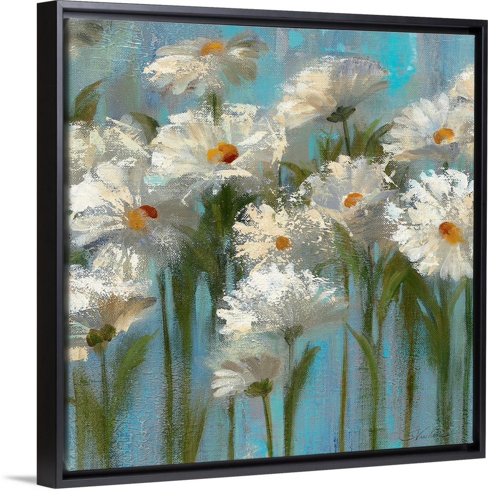 This big canvas wall art is a contemporary painting of several impressionistic flowers against a simplified backdrop.