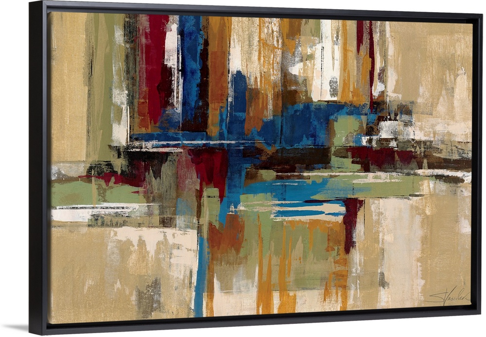 Large, horizontal, contemporary artwork for a living room or office of a cluster of thick, patchy, horizontal and vertical...