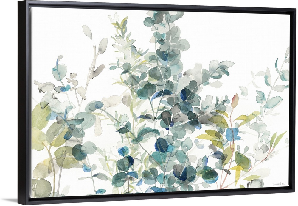 Large watercolor painting of eucalyptus leaves in shades of blue, gray, and green on a white background.