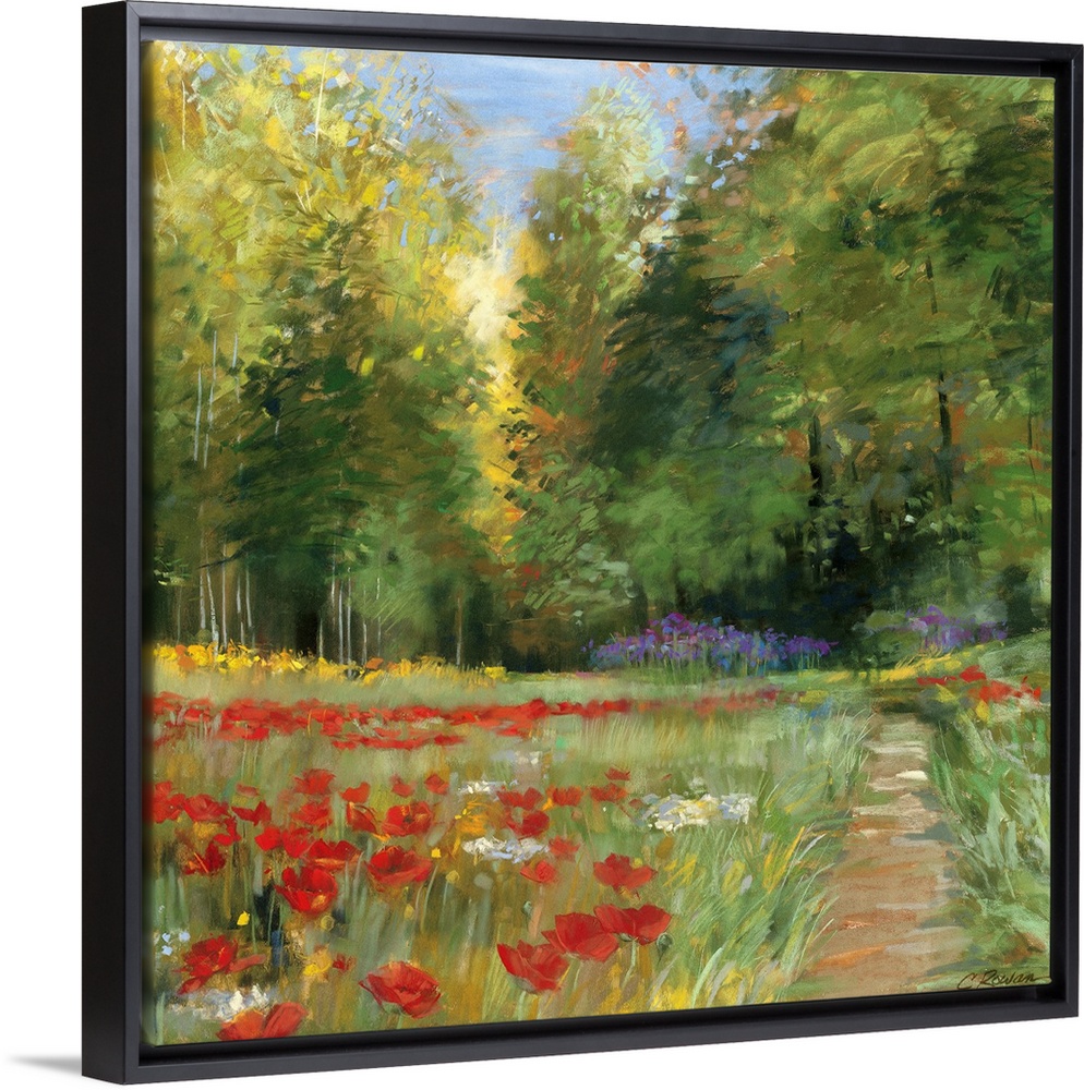 Classical painting of narrow dirt path winding through flower meadow with forest in the distance.