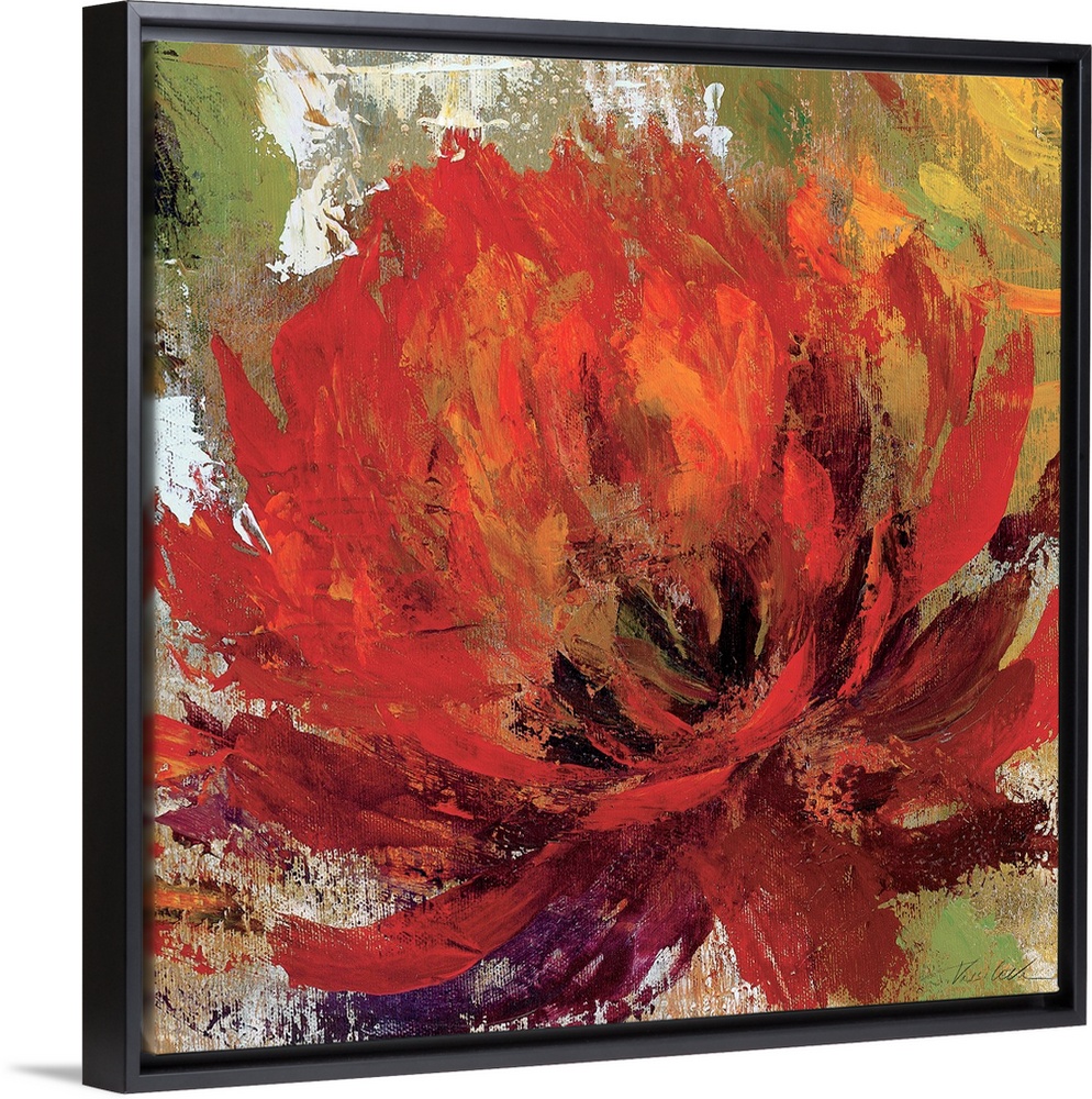 Large contemporary art portrays a close-up of a single flower.  Artist uses an abundance of earth tones against a slightly...