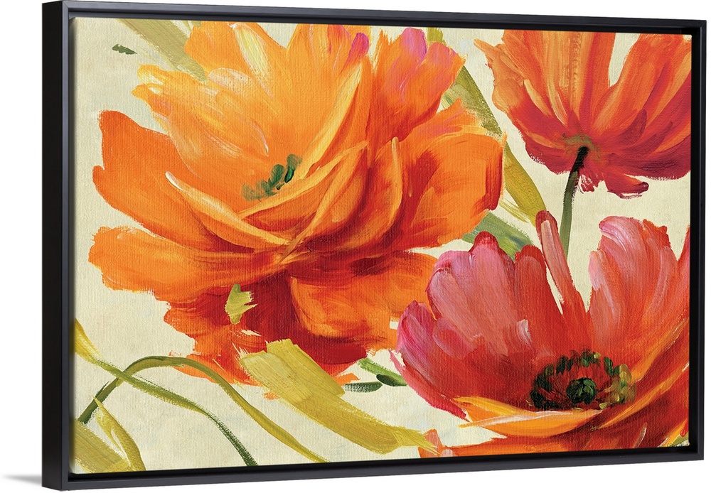 Contemporary wall art of three loosely painted flowers in bloom on a neutral background.
