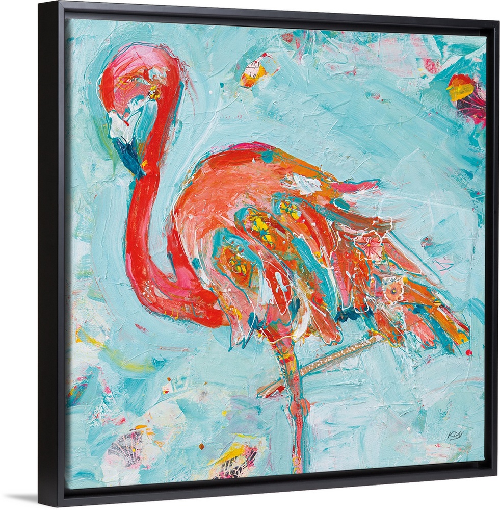 Energetic brush strokes in bright colors create a poised flamingo adorned with floral elements and paint splatters.