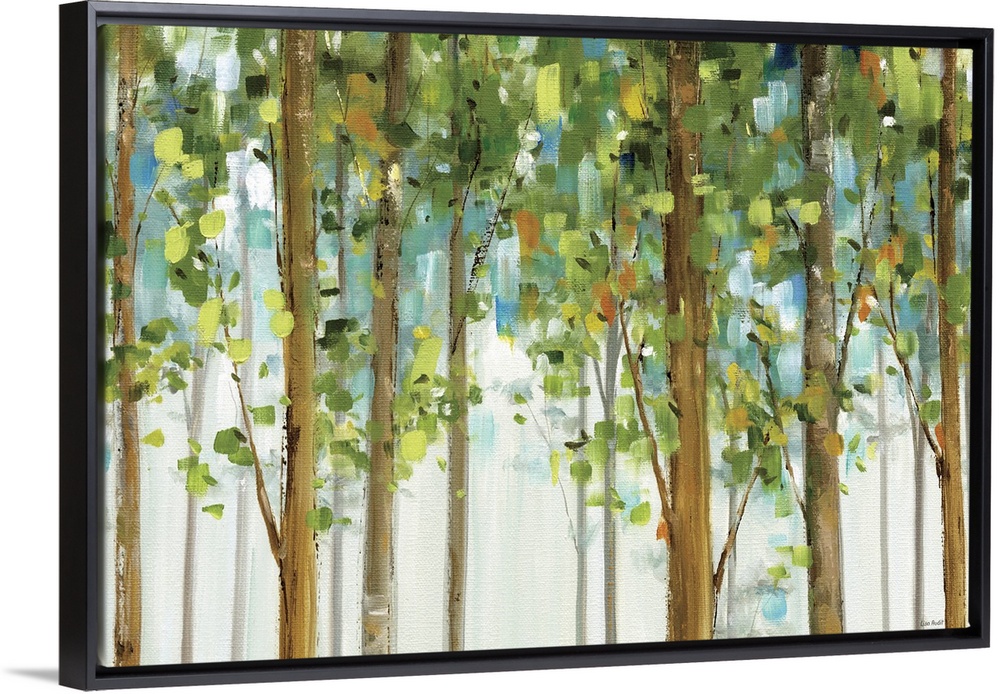 An abstract landscape painting created with square brush strokes of tall, straight trees in a forest.