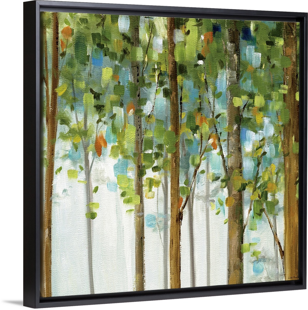 Contemporary painting of trees full of leaves.  The leaves are created from short, thick, square shaped brush strokes.