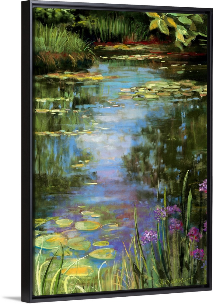 Big vertical painting of a garden water scene with flowers, water lillies, grasses, trees and other wild growth in cool an...