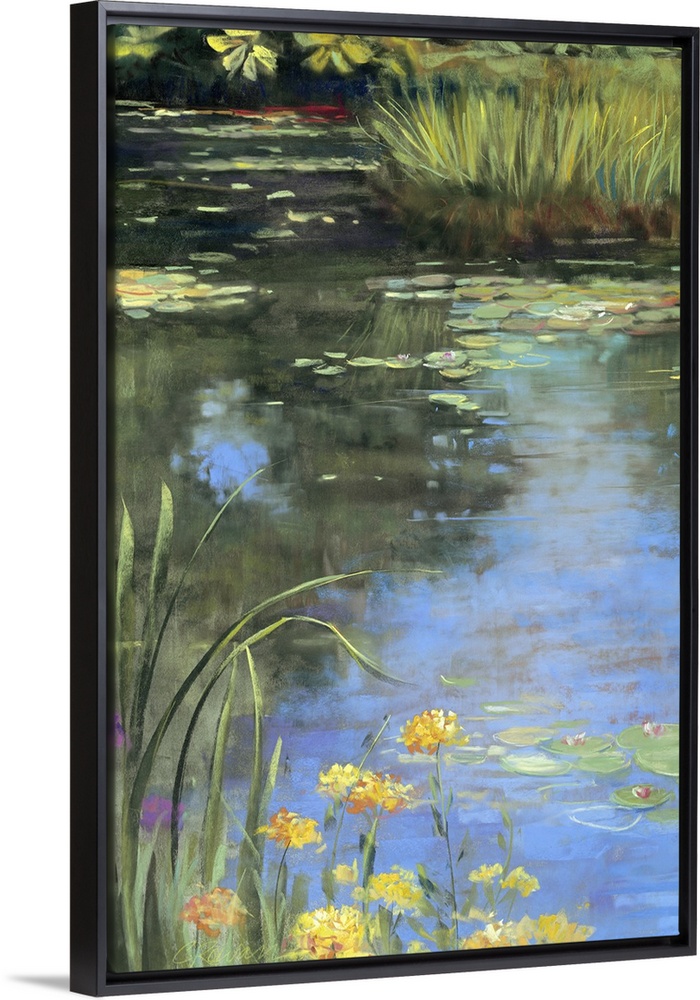 Contemporary docor painting of water lilies and lily pads in a small pond, with the water reflecting the greenery overhead.