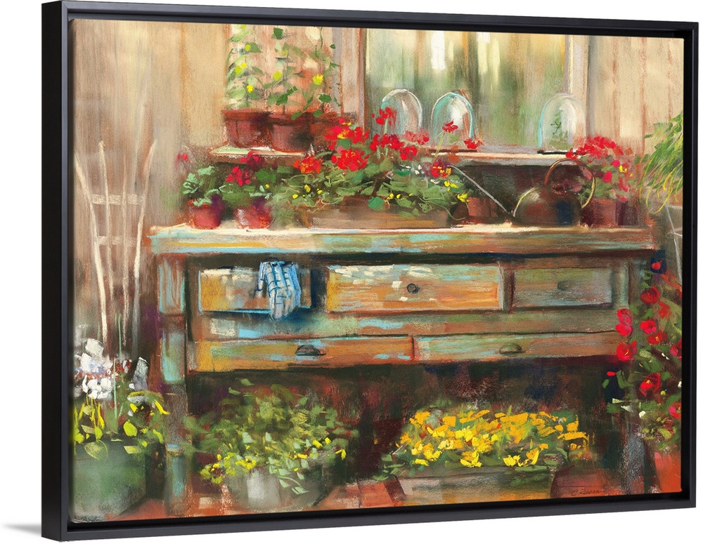 Contemporary painting of potted flowers sitting outside a shed.
