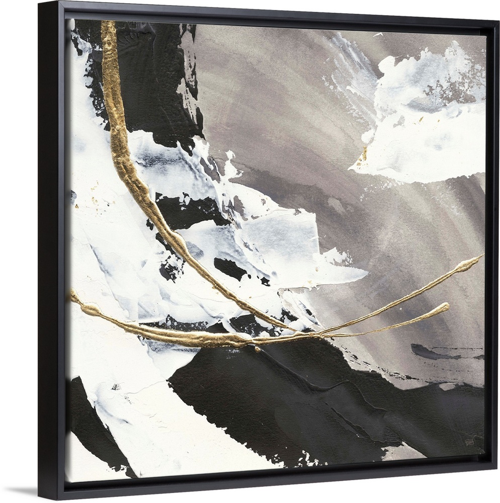 Large abstract painting of various brush strokes of gray, black and white with gold line accents.