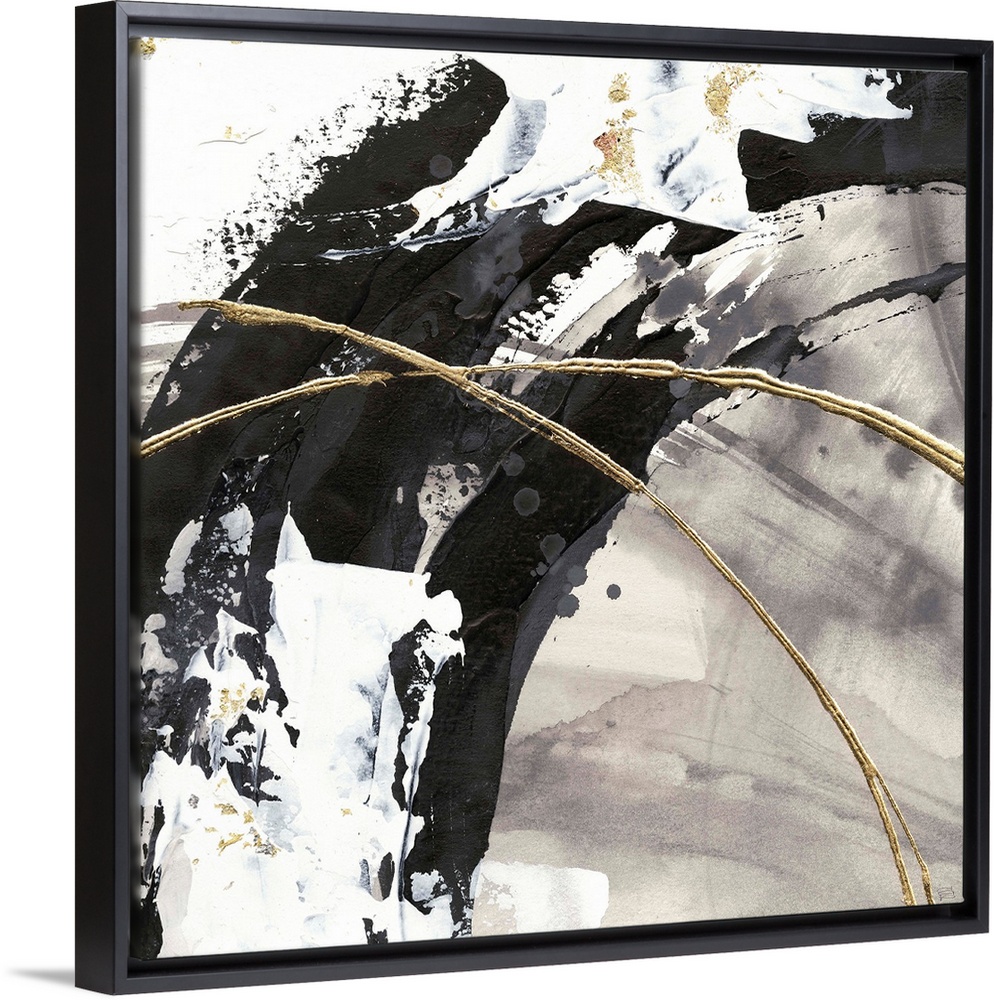 Large abstract painting of various brush strokes of gray, black and white with gold line accents.