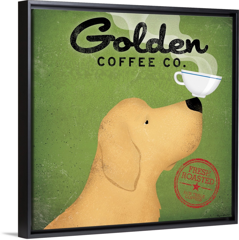 A whimsical decorative wall accent of a cartoon Golden Retriever balancing a saucer of coffee on his nose advertising a br...
