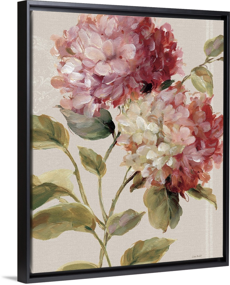 Contemporary painting of pink hydrangeas against a neutral background.