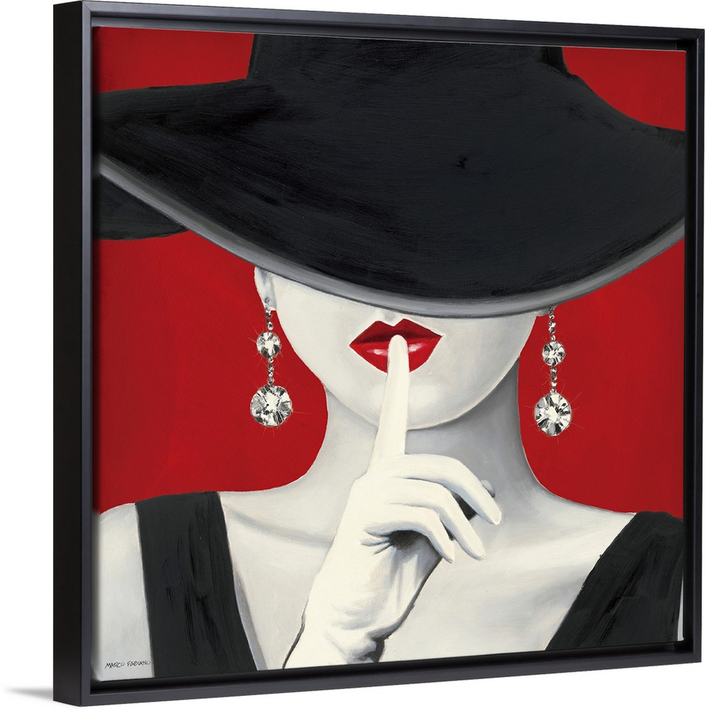 A square painting of a stylish woman in a black dress, her face obstructed by a black hat, white gloves and massive diamon...