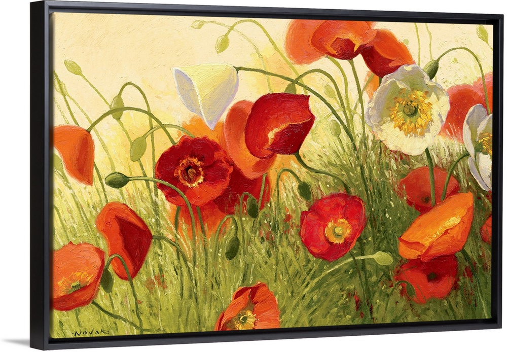 Contemporary painting of flowers, buds, and tall grass.  Some of the plants are bent over from lack of water.