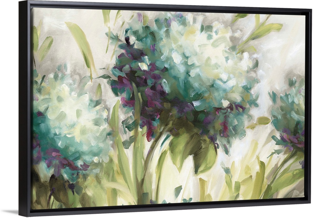 Up-close painting of three blossoming balls of flower in a meadow.