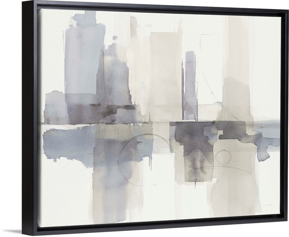 Abstract gray, purple, and cream watercolor painting that resembles a skyline with a reflection.