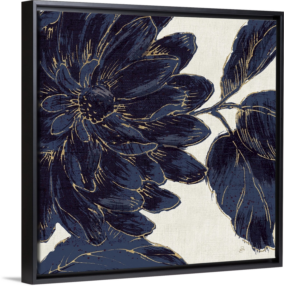 Deep blue flowers against a beige background.