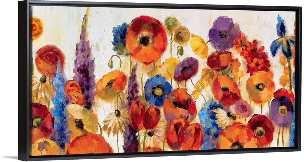 A large canvas still life of a variety of vividly colored flowers for home art docor.