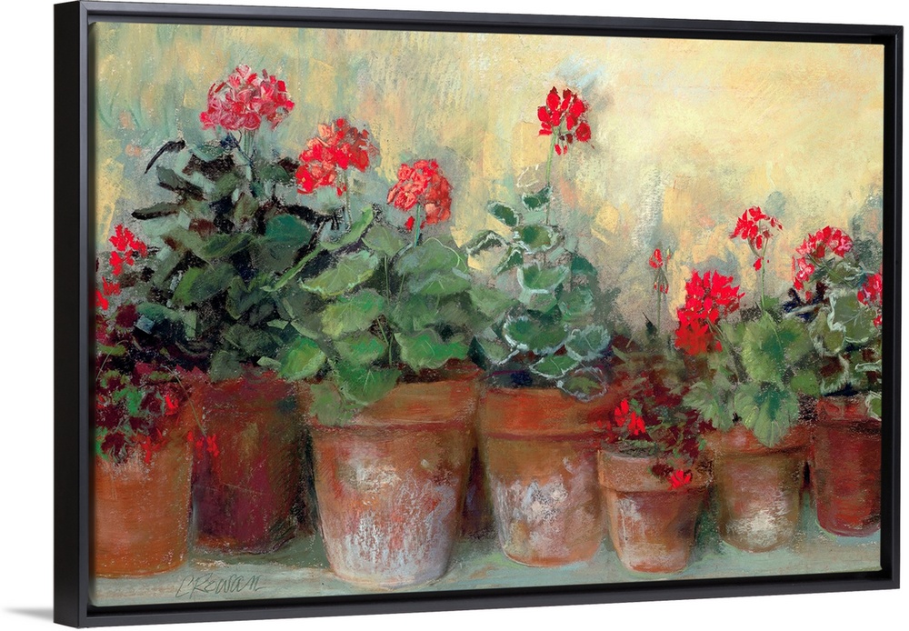 Painting of a row of flower pots varying in size.  Each flower pot contains bold colored flowers and greenery.