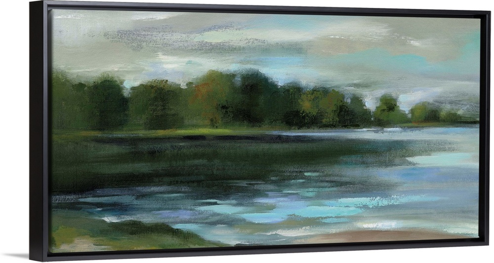 Contemporary landscape painting of a lakeside lined with trees.