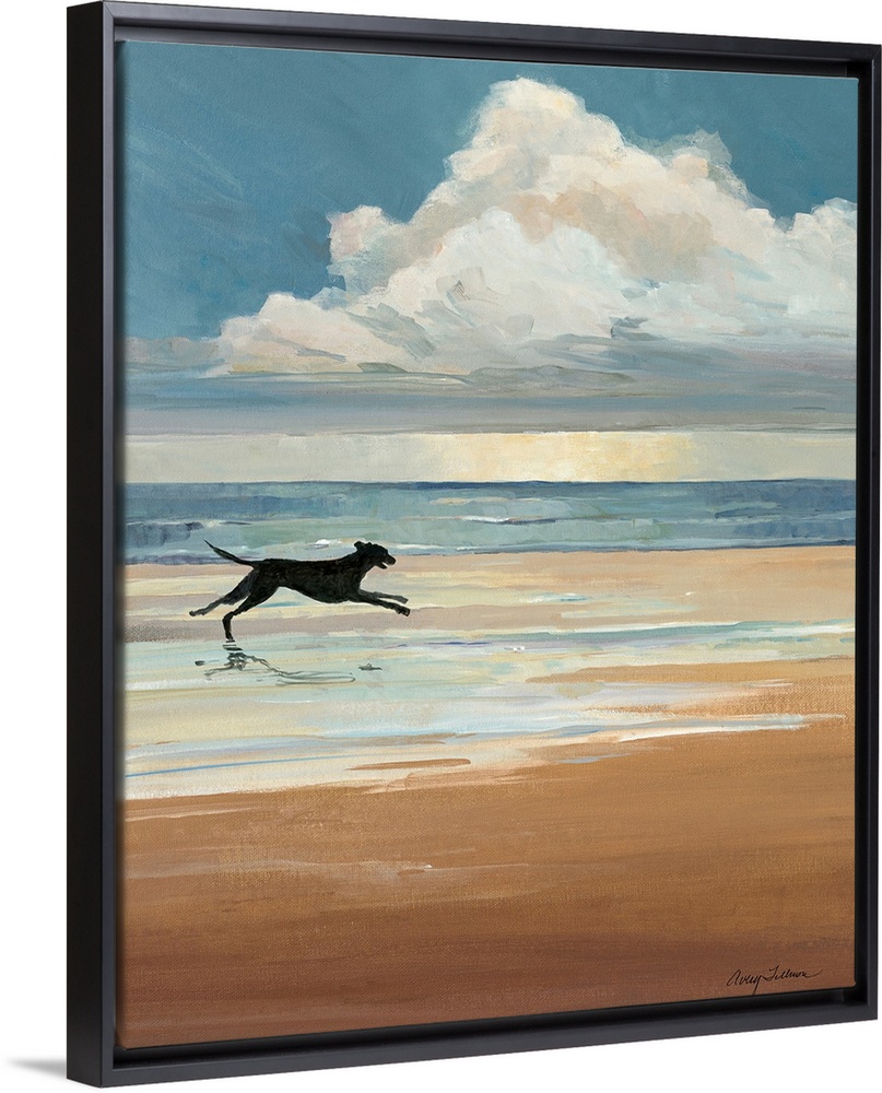 A black Labrador runs on a sandy beach with a large cloud on the ocean horizon in this vertical landscape painting.